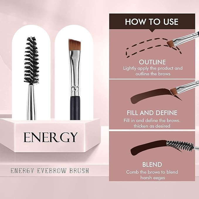 ENERGY Precision Dual-Sided Eyebrow Brush with Spoolie - Vegan Brow Tool for Shaping, Defining, Grooming, Lifting, Applying Brow Wax & Gel - Professional Angled Brush & Eyelash Comb