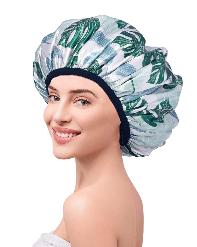 Shower Caps, Triple Layer Waterproof Large Shower Cap for Women, Reusable Shower Caps for Long Thick Hair lined shower cap