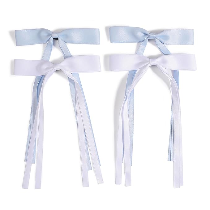 4 PCS Tassel Ribbon Bowknot Hair Clips With Long Tail for Women Girl Teens Kids, Solid Holder Fashion Bow Bowknot Hair Accessories Headwear Barrettes Claw(Blue&White)