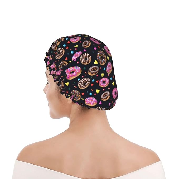 Doughnut Donuts Shower Cap For Women Reusable Waterproof Double Layers Bath Cap Hair Protection Elastic Ladies Spa Salon Shower Hat