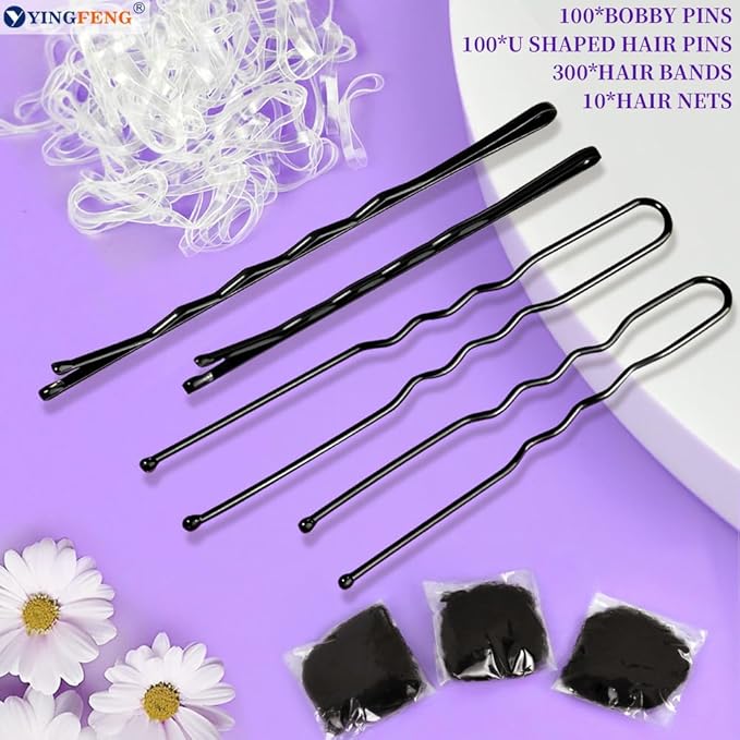 510PCS Black Bobby Pins Hair Pins Kit with Hair Net, YINGFENG Includes 100 Bobby Pins for Women, 100 U-Shaped Buns Hair Clips, 300 Hair Bands and 10 Black Hair Nets, Dance competition must haves