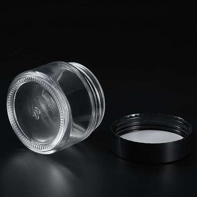 OverNews 2oz Glass Jar Travel Size, 4PCS Empty Cosmetic Lotion Container with Black Lid & Spatula, Small Mini Jar for Beauty (Clear)