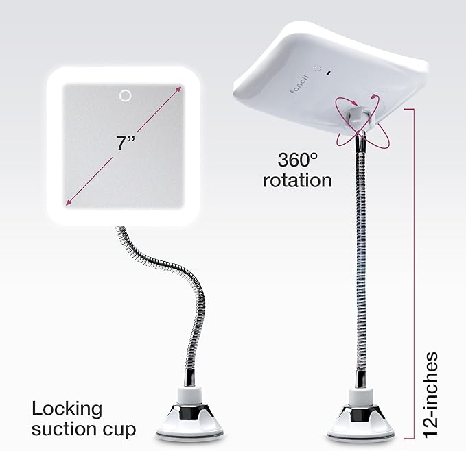 Fancii 10x Flexible Magnifying Mirror with 3 LED Light Settings, Rechargeable - Gooseneck Lighted Makeup Mirror for Bathroom, Locking Suction Mount, Cordless, 360° Rotatable (Mira 2 Plus)