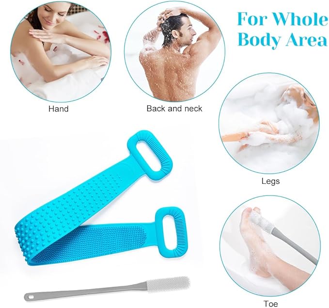 Inmorven Back Scrubber for Shower, 30" Double-Sided Back Brush with 15.7" Long Handle Toe Cleaning Brush, Silicone Foot Scrubber for Exfoliating and Massaging Feet
