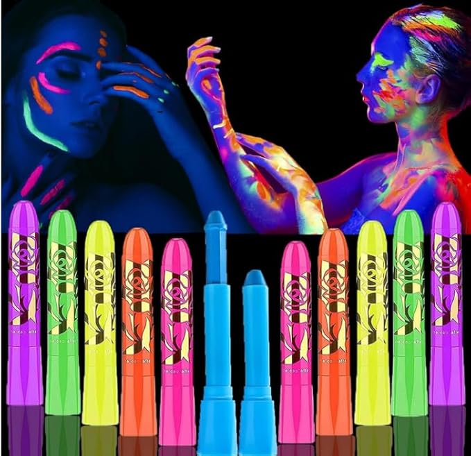 12 Pcs Glow Face Body Paint,Glow in The Dark Light UV Fluorescent Crayons Paint Sticks Makeup Neon Kit for Kids Adults Halloween Masquerade Mardi Gras Blacklight Birthday Party
