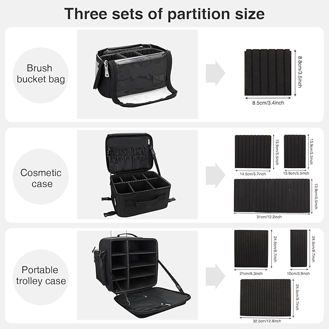 Relavel Rolling Makeup Case Professional Makeup Train Case Makeup Artist Travel Organizer 5 in 1 with Detachable Cosmetic Case and Dual Makeup Brush Case and Wheels (Black, 4-Pack)