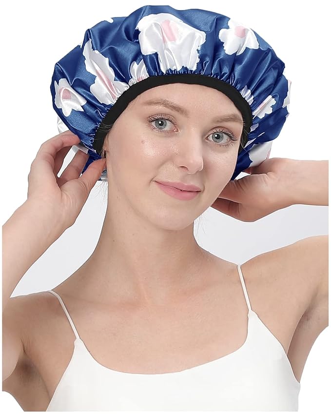 YIZIJIZI Terry Lined Shower Cap,Triple Layer Large Cap for Women,Shower Cap Reusable Waterproof,Long Thick Hair(Blue)