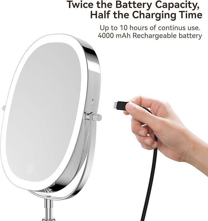 9″ Makeup Mirror with Lights, 7X Magnification, Height Adjustable Vanity Mirror, Rechargeable 3 Color Lighting Mode, 360° Swivel Double Sided Magnifying Mirror, Chrome, Gift for Women