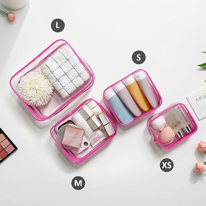 4 Pack Clear Makeup Bags, TSA Approved Toiletry Bag Car Organizer Travel Cosmetic Case Portable Travel Essentials Bags for Toiletries Clear Summer Beach Bag Carry on Airport Airline Compliant Bag