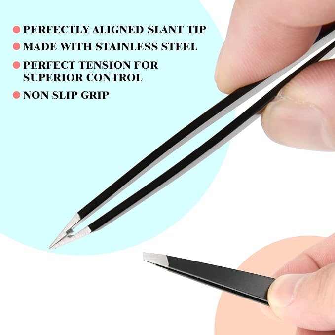 Stainless Steel Tweezers for Eyebrows-Slant Tweezer with Case for Women&Man,Great Precision on Brow,Facial Hair and Ingrown Hair Removal(Black)