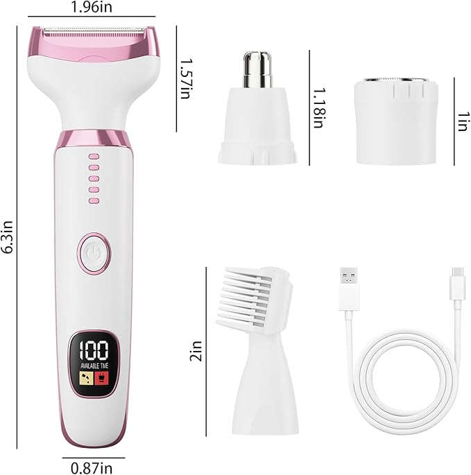 Electric Razors for Women, Bikini Trimmer 4 in 1 Lady Shaver, Wet/Dry Cordless Hair Remover for Nose Hair Face Eyebrow Arms Legs Armpit Underarm Pubic Area Electric Grooming Set LED Display