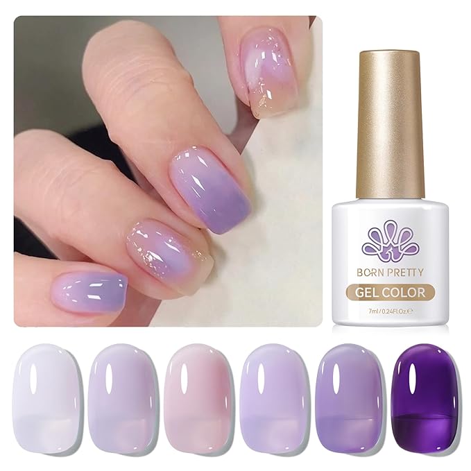 Born Pretty Jelly Purple Gel Nail Polish 6 Colors Purple Violets Colors Gel Polish Kit Soak Off Nail Polish Kit Collection Nail Art Gel Manicure Set DIY at Home Salon Gifts