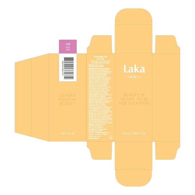 Laka Fruity Glam Tint, 4.5g/0.15 oz., Glowing Lip Stain with Wide Color Spectrum, Hydrating & Lightweight Texture, Long-Lasting Bold Stain, Non-Sticky, Vegan, K-Beauty (#110 Soda)