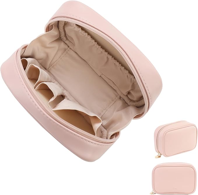 RIGHT AWAY Small Makeup Bag for Purse,Travel Cosmetic Bag Organizer for Women,Cute Make Up Pouch Waterproof Toiletry Bag with Zipper,Portable Makeup Case Skincare Bag for Travel Accessories(Pink)