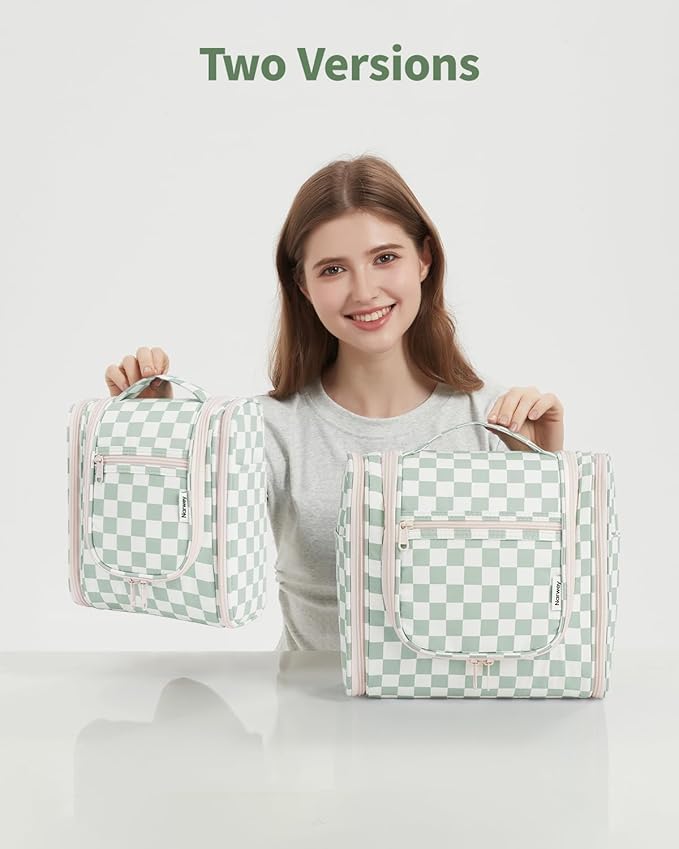 Narwey Small Checkered Hanging Travel Toiletry Bag for Women, Travel Bag for Toiletries, Makeup Bag Organizer Cosmetic Bags Make Up Bags for Women (Mint Green Checkerboard)