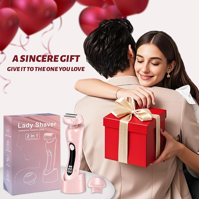 2 in 1 Electric Shaver for Women Wet Dry Dual Use IPX7 Waterproof with LED Display USB Recharge Dock Dry Use Body Hair Trimmer and Facial Hair Remover for Bikini Underarm Leg Arm Face (Pink)