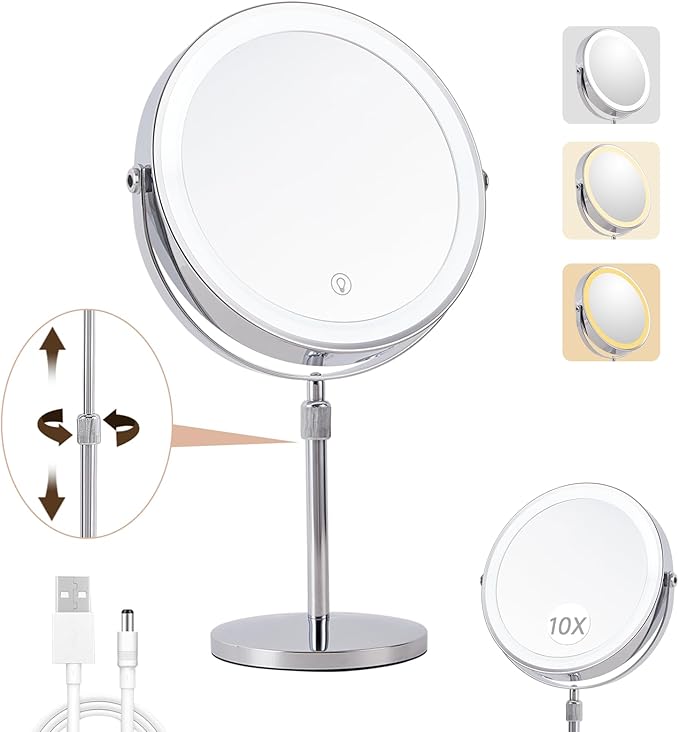 1X/10X Magnifying Makeup Mirror with Lights - 8" Dual-Sided Vanity Mirror with 3 Color Lights for Women's Travel Cosmetic Mirror & Gift | 3000 mAh-USB Rechargeable | 360° Rotation | Adjustable Height