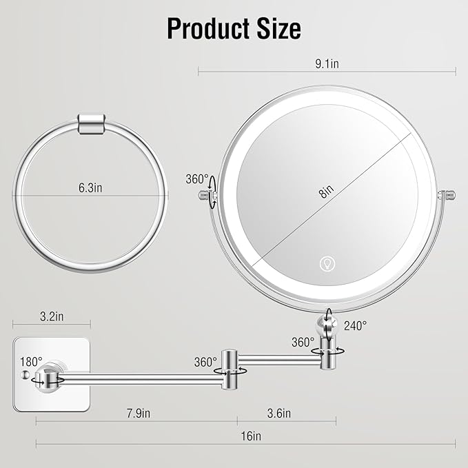 10x Large Wall Mounted Makeup Mirrror, Height Adjustable Lighted Mirror, 8" Double Sided Mirror, 1X/10X Magnifying Bathroom Mirror, 360° Rotation Adjustable, Detachable Ring, 3 Color Lights