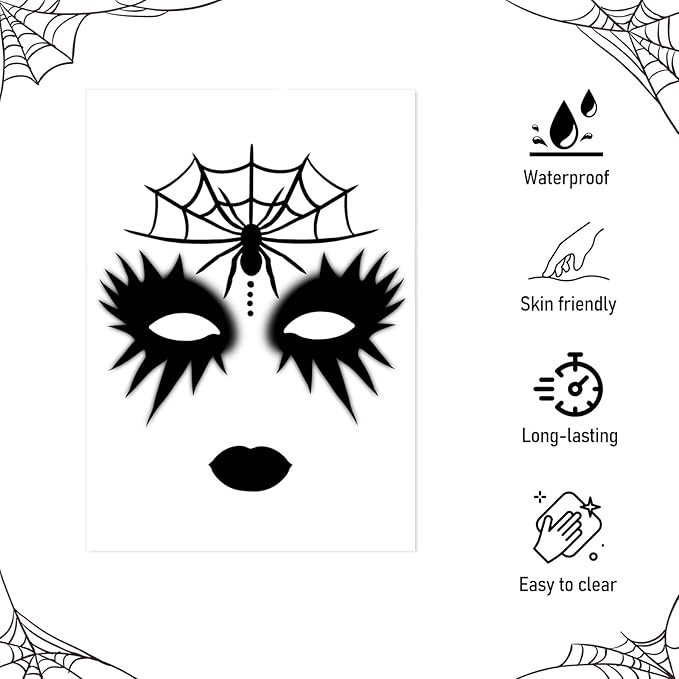 Halloween Face Tattoos, Spooky Temporary Tattoo Stickers, Face Tattoo Decals with Spider&Spiderweb,Makeup Tattoo Stickers,Halloween Face Sticker Tattoos Art for Women Men Adults Kids 8Pcs