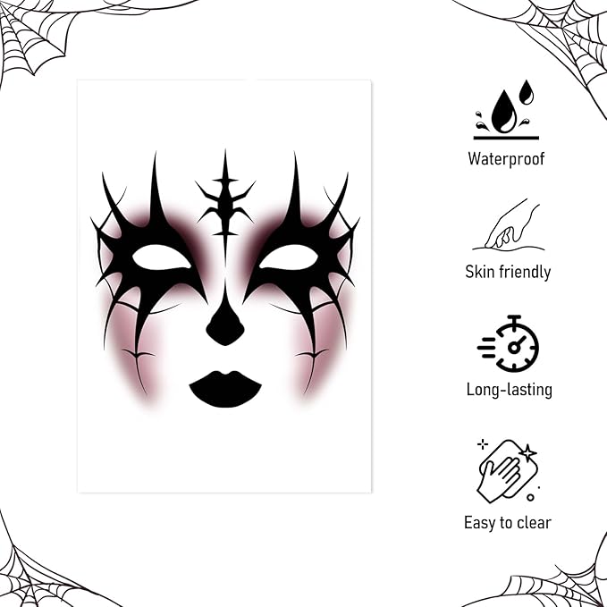 8Pcs Halloween Face Tattoo Stickers, Spooky Face Temporary Tattoos, Temporary Face Tattoos for Women Adults Kids, Makeup Tattoo Sticker,Halloween Face Stickers Art