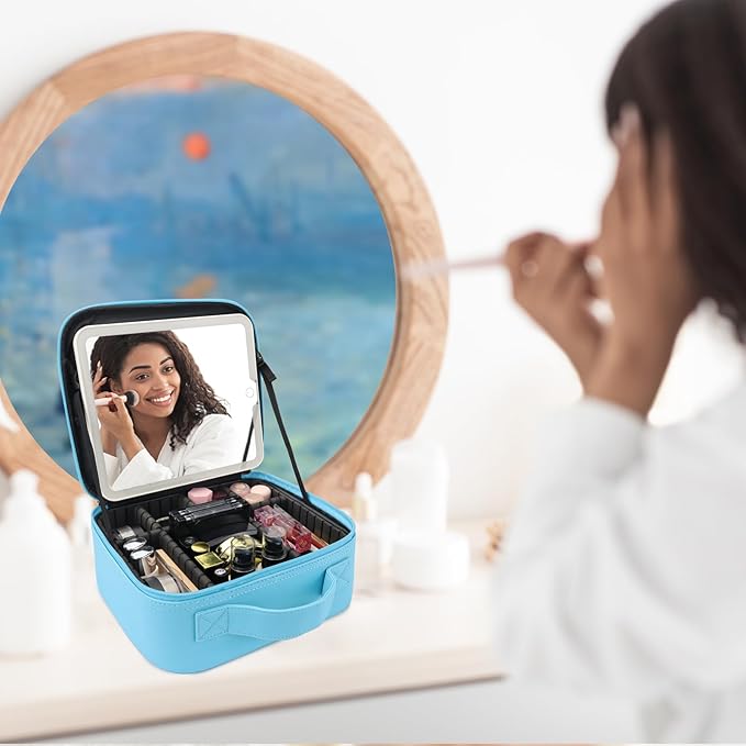 Travel Makeup Bag with LED Mirror Travel Makeup Organizer with 3 Lighted Settings, Adjustable Dividers and Makeup Brush Storage Bag Blue