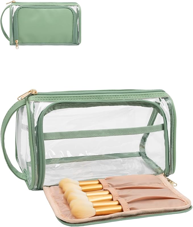 CUBETASTIC Clear Cosmetic Bags, Transparent Plastic Makeup Zipper Pouch Travel Makeup Up Organizer Case, Portable Cute Small Toiletry Bag with Handle and Side Compartment, Green