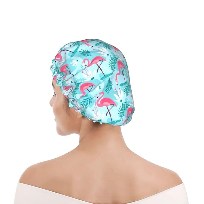 Pink Flamingos Shower Cap For Women Reusable Waterproof Double Layers Bath Cap Hair Protection Elastic Ladies Spa Salon Shower Hat