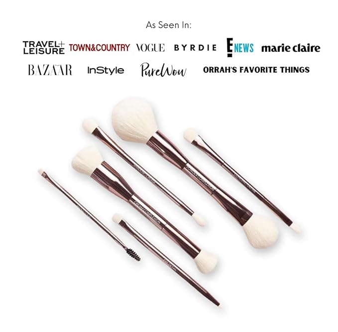 Luxury Dual Ended Makeup Brush Set, 6 Makeup Brushes, Professional & Travel Makeup Brush Set with White Leather Case, 2.5x More Vegan, Soft Bristles for Full Face Flawless Application.