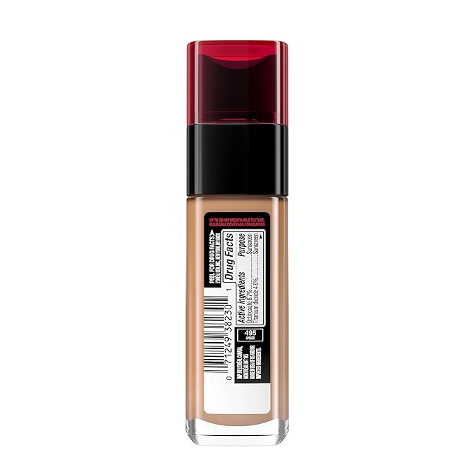 L'Oreal Paris Makeup Infallible Up to 32 Hour Fresh Wear Lightweight Foundation, 495 Amber, 1 Fl Oz, Packaging May Vary