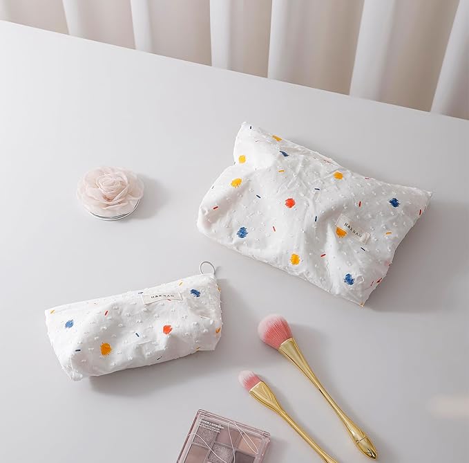 2 Pcs Makeup Bags, Large Cosmetic Bag Travel Toiletry Bag Organizer for Women, Embroidery Craft, Floral Makeup Bag Small Cosmetic Pouch Purse with Zipper, Gifts for Girls Teen (Colorful Dots)