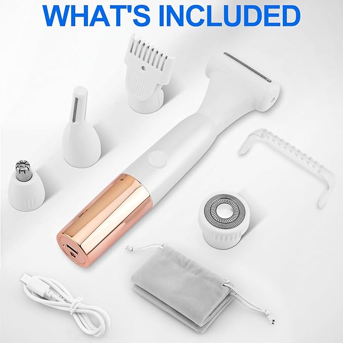 5-in-1 Bikini Trimmer for Women, IPX7 Waterproof Rechargeable Electric Razors Shaver, Cordless Body Hair Trimmer with LED Display for Nose Eyebrows Beard Underarm Leg Arm, Easy Cleaning Grooming Kit