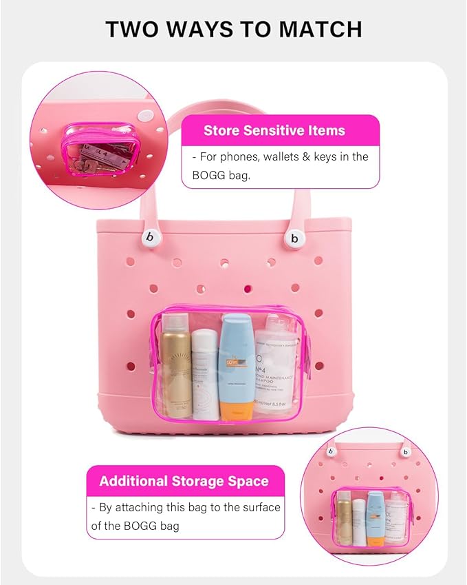 4 Pack Clear Bogg Beach Makup Bag Accessories with 3 Pack Insert Hooks for Bogg Bags, Clear Bogg Makeup Pouches Phone Holder for Bogg Bags Divider Storage Inner Compatible Pouch Travel Cosmetic Bag