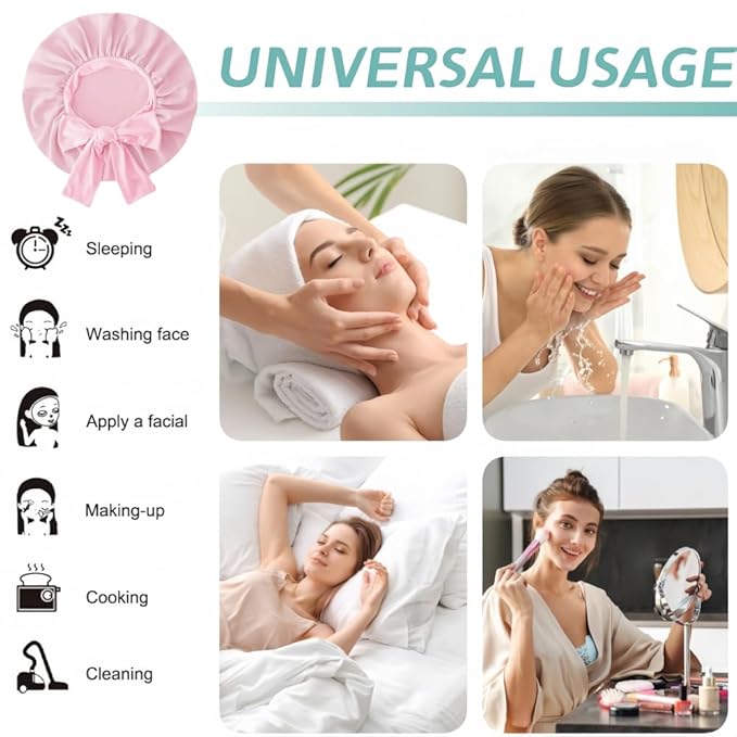 Silk Bonnet for Sleeping Women, Ajustable Hair Bonnet for Curly Hair with Tie Band Shower Caps Pink,Large