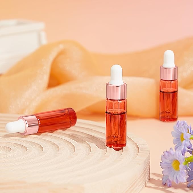 100 Pcs Mini Glass Oil Dropper Bottle Bulk, Clear Essential Small Empty Bottles Sample Containers Perfume Liquid Vials with Cap for Traveling (5 ml,Pink Body)