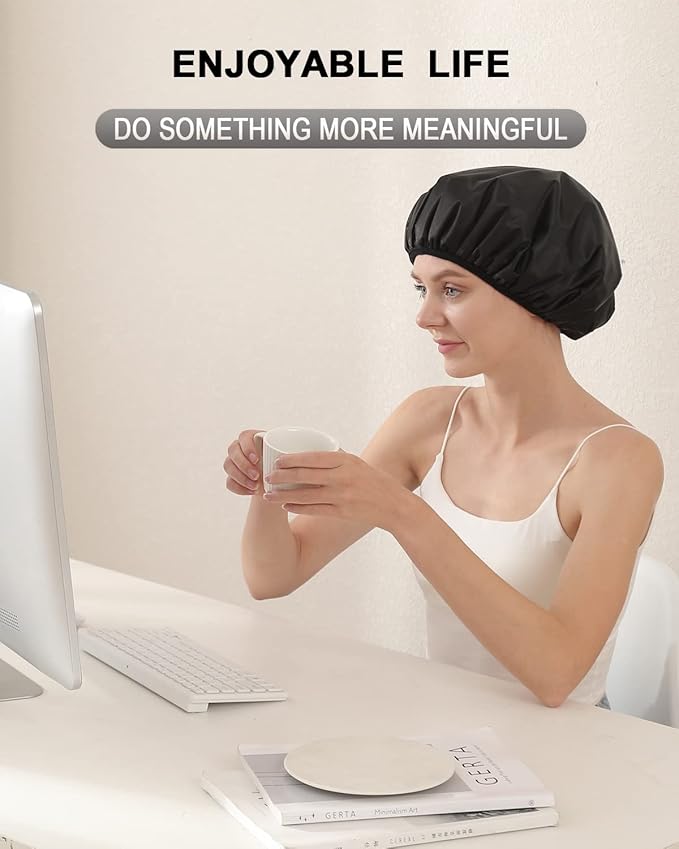 YIZIJIZI Terry Lined Shower Cap,Triple Layer Large Cap for Women,Shower Cap Reusable Waterproof,Long Thick Hair(Black)