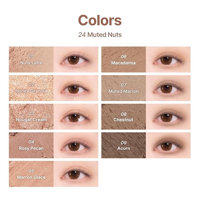 dasique Shadow Palette #24 Muted Nuts 7.5g I 9 Blendable Shades in Smooth Matte and Shimmer Finishes with Gorgeous Pearls | Eye Makeup Palette | Cruelty Free | K-beauty