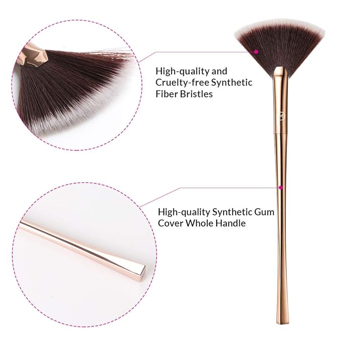 Fan Makeup Brush For Highlighter, Blush, Flutty&Powder Cosmetic Tool w/Long Handle& Anti-Champagne Gold Brush