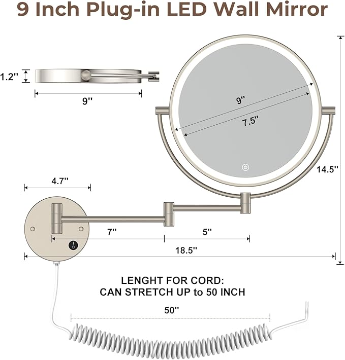 Rocollos 9" Plug-in Wall Mounted Lighted Makeup Mirror 1X/10X Magnification, Super Large Double Sided LED Vanity Mirror for Bathroom, 3 Color Dimmable 360°Swivel Extendable Shaving Cosmetic Mirror