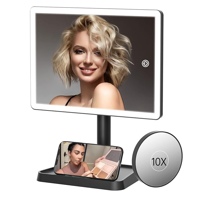 FUNTOUCH Rechargeable Makeup Vanity Mirror with Lights, Large Lighted Desk Makeup Mirror with 96 LED Lights and 10x Magnifying, 3 Color Lighting, Make up Light Mirror with Phone Holder