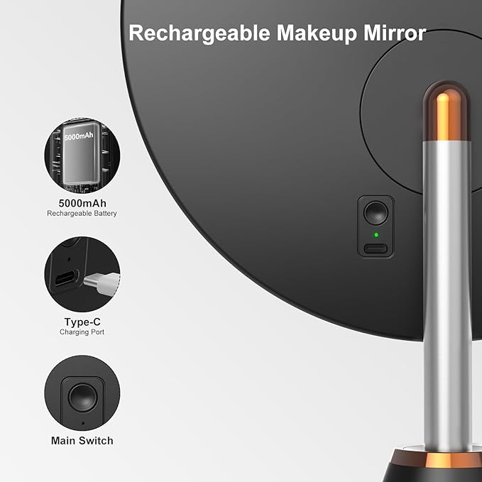 Vanity Mirror with Lights, Rechargeable Lighted Makeup Mirror with 10X/1X Magnification, LED Display for Desk, 3 Color Lights Touch Dimmable, 10.5" Round, Gifts for Women