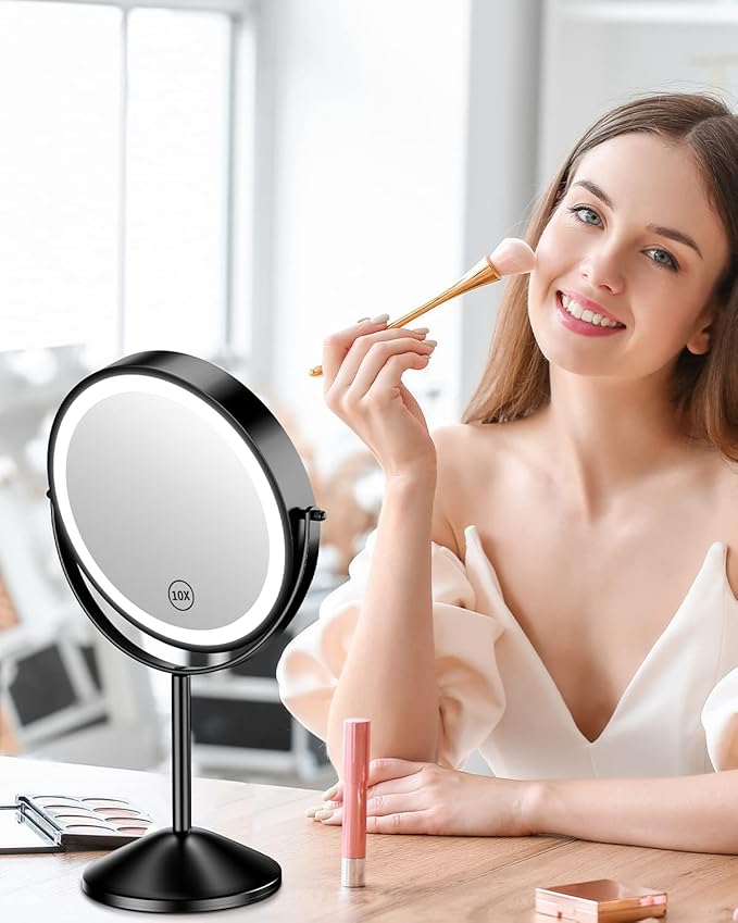 Gospire 8" Lighted Makeup Mirror with Magnification 10X/1X, 3 Color Lights & Dimmable Lighting, 360° Rotation Double Sided Rechargeable Cordless Vanity Cosmetic Standing LED Mirror for Makeup