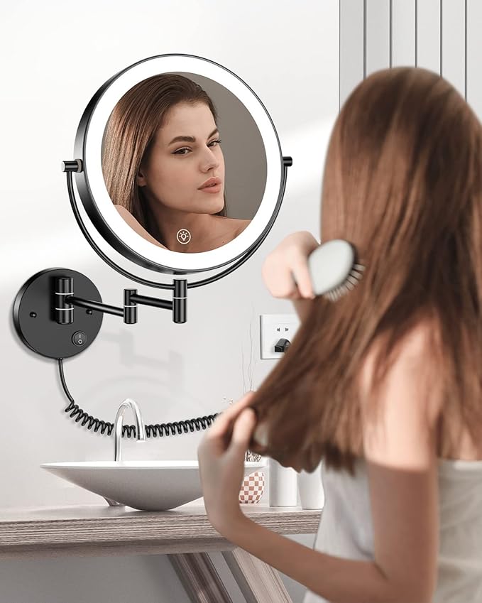 Gospire 9” Wall Mounted Lighted Magnifying Mirror, 1X/10X Magnification Double-Sided LED Bathroom Mirror, 3 Color Lights & Stepless Dimming with Touch Sensor, Extendable Arm 360° Swivel for Shaving