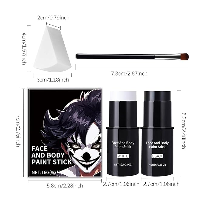 Halloween Face Body Paint For Adults, Black White Face Body Paint Stick Kit For Sfx Makeup Cosplay Joker, Skeleton Makeup
