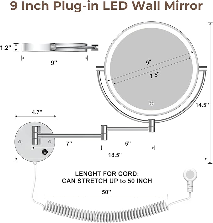 Rocollos 9" Plug-in Wall Mounted Lighted Makeup Mirror 1X/10X Magnification, Super Large Double Sided LED Vanity Mirror for Bathroom, 3 Color Dimmable 360°Swivel Extendable Shaving Cosmetic Mirror