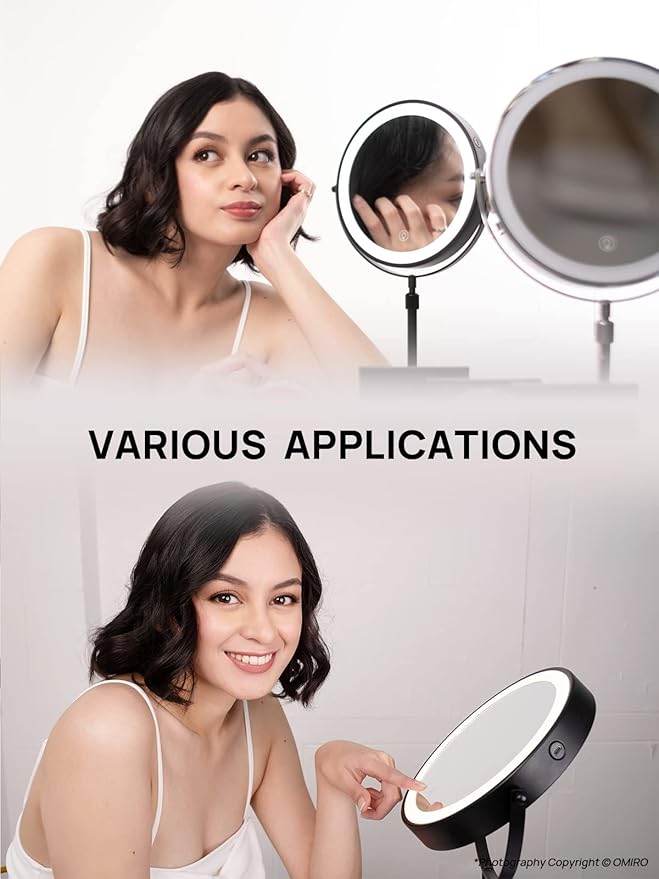 OMIRO 3X/10X Magnifying Makeup Mirror with Lights, 8.5 Inches Double Sided Swivel-Free Vanity Mirror with Height-Adjustable Stand. (Black)