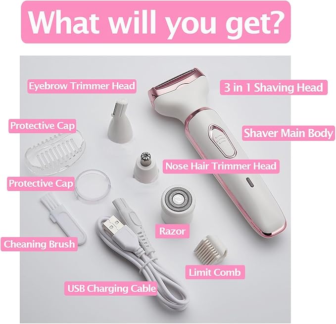 Electric Razors for Women Bikini Shaver for Women 4 in 1 Trimmer, Razors for Shaving Pubic Hair Remover, Painless & Safety for Pubic Body Facial Hair Removal, USB Rechargeable