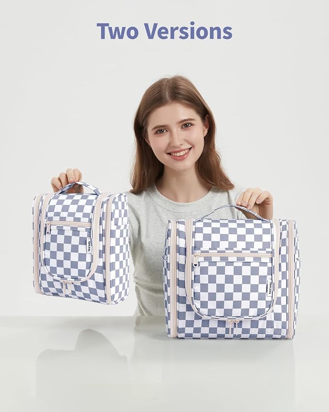 Narwey Small Checkered Hanging Travel Toiletry Bag for Women, Travel Bag for Toiletries, Makeup Bag Organizer Cosmetic Bags Make Up Bags for Women (Grayish Blue Checkerboard)