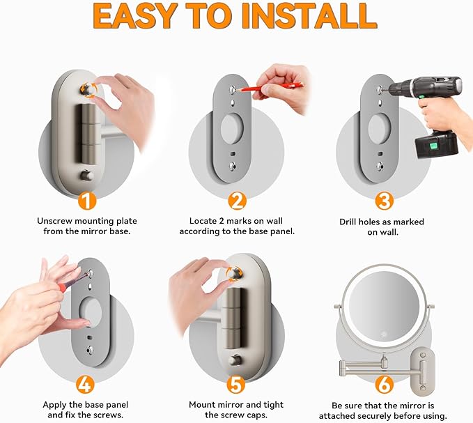 1X/20X Wall Mounted Makeup Mirror with Light, 8" Rechargeable Double-Sided Magnifying Mirror, Vanity Mirror Dimmable 3 Color Light, 360ยฐ Extension Rotation Foldable 14.5 Inch Arm, Brushed Nickel