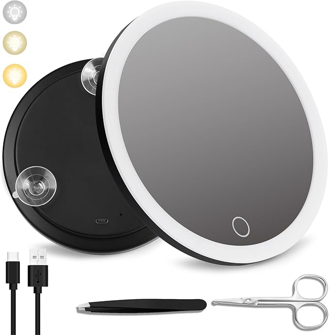 10x Lighted Magnifying Mirror with Suction Cups, Large 6'' Magnified Mirror with Light High Magnification Travel Makeup Mirror, Rechargeable Battery, 3 Colors Dimming Light, with Tweezers &Scissors