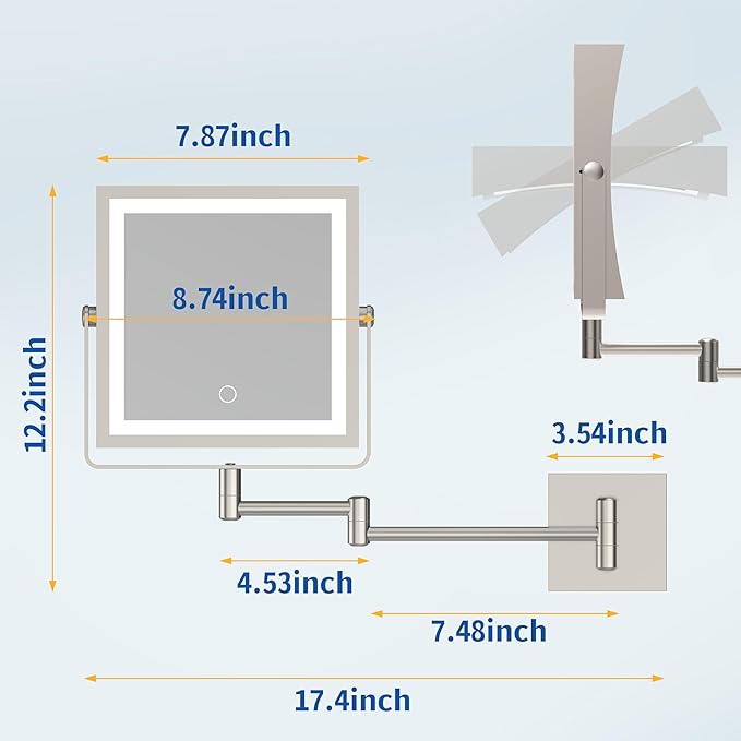 Ruacq Rechargeable Wall Mounted Makeup Mirror with Lights, Double Sided 1X/10X Magnifying Vanity Mirror with 3 Color Light, Touch Screen Dimmable, 360° Rotation Extension Foldable Arm(Brushed Nickel)